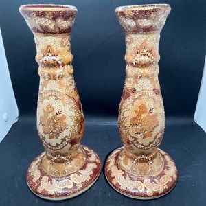 Satsuma Hand Painted Candle Holders Pair, Vintage Orange Textured Design Ornate